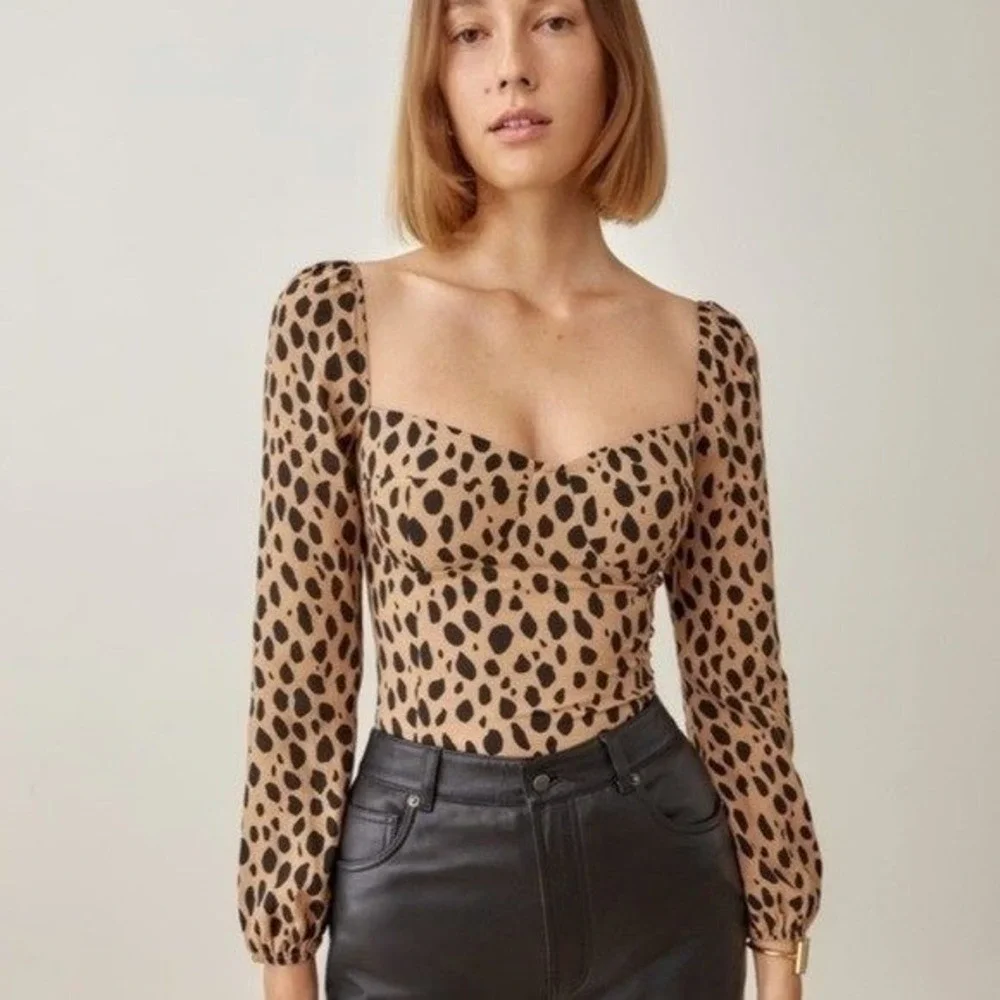 Reformation Reign Bobcat Animal Print Smocked Long Sleeve Square Neck Top Sz 6 - Picture 3 of 9
